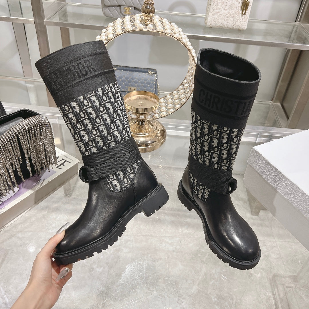 CD D-Major Boot Black Mix White Calfskin And Oblique Jacquard Fabric