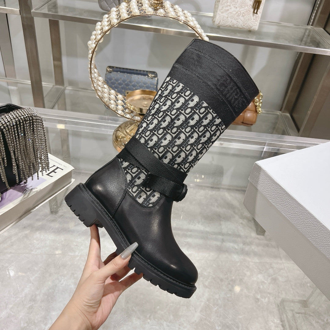 CD D-Major Boot Black Mix White Calfskin And Oblique Jacquard Fabric