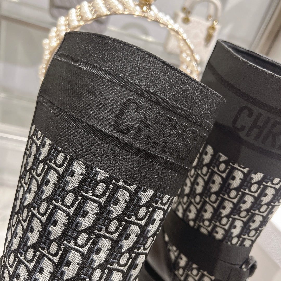 CD D-Major Boot Black Mix White Calfskin And Oblique Jacquard Fabric