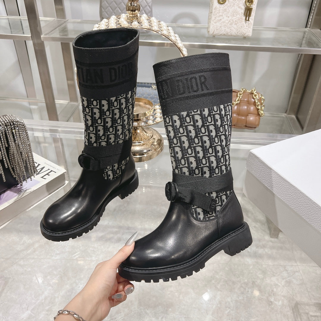 CD D-Major Boot Black Mix White Calfskin And Oblique Jacquard Fabric