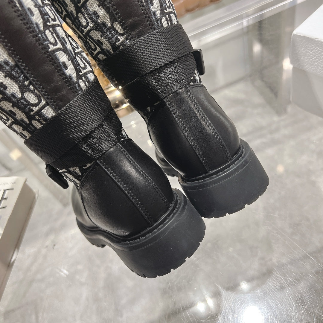 CD D-Major Boot Black Mix White Calfskin And Oblique Jacquard Fabric