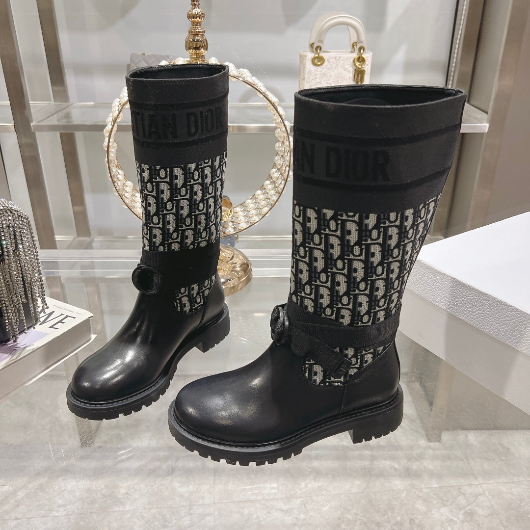 CD D-Major Boot Black Mix White Calfskin And Oblique Jacquard Fabric