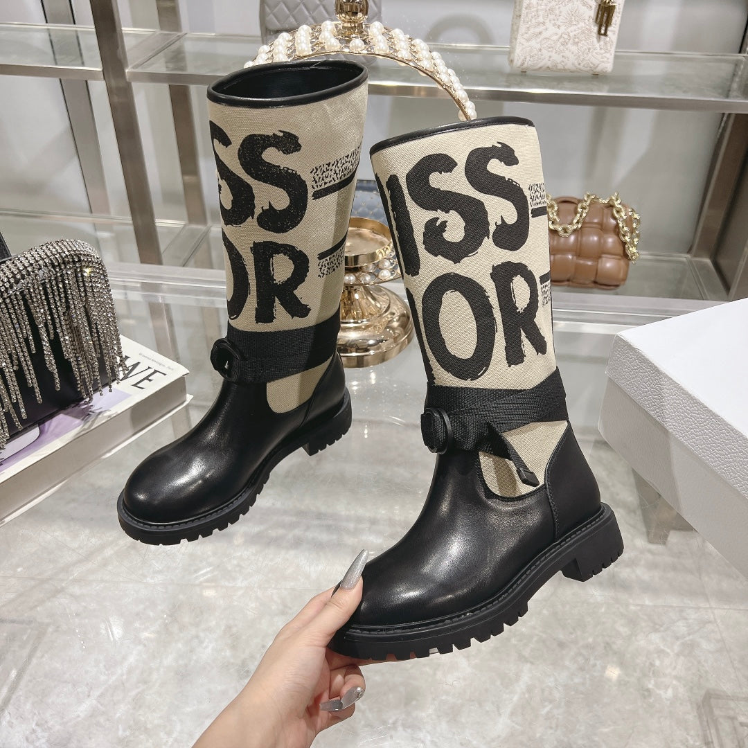 CD D-Major Boot Black Mix Beige Calfskin And Canvas