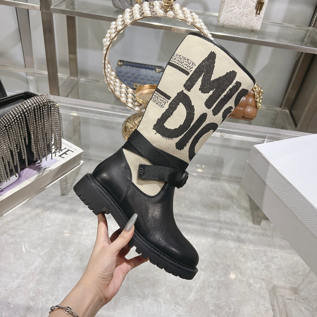 CD D-Major Boot Black Mix Beige Calfskin And Canvas