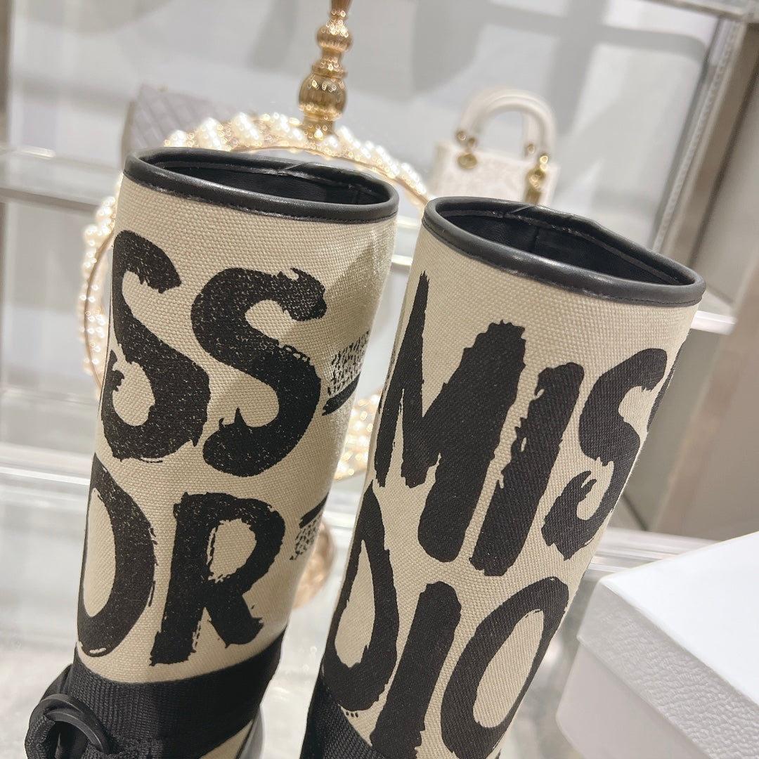 CD D-Major Boot Black Mix Beige Calfskin And Canvas