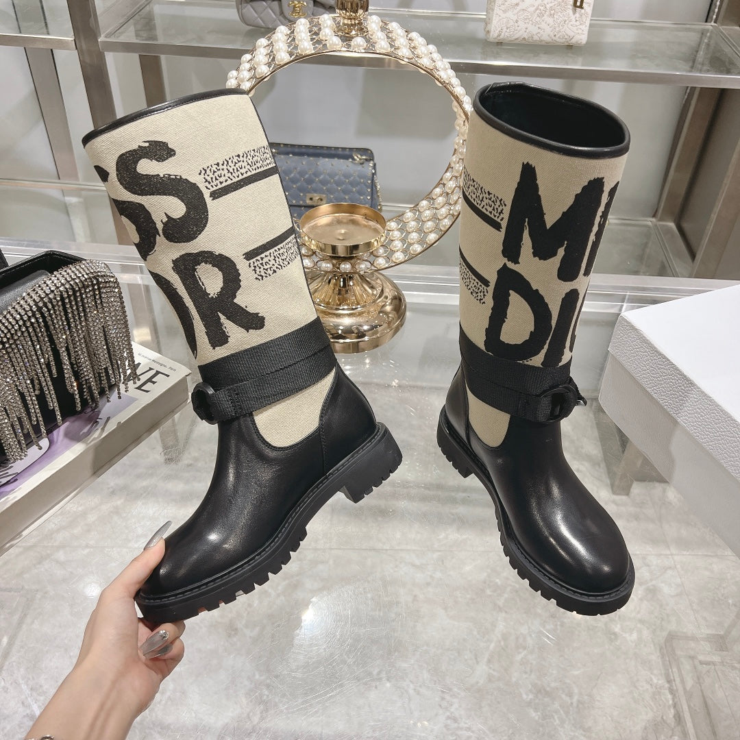 CD D-Major Boot Black Mix Beige Calfskin And Canvas