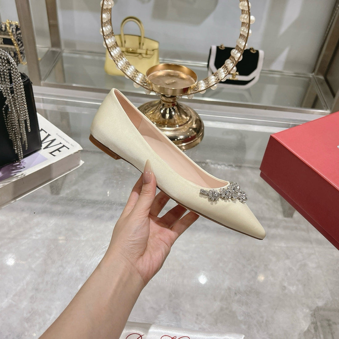 Viv 25 Crystal Diamond Buckle Flats Beige Silk Satin 235393