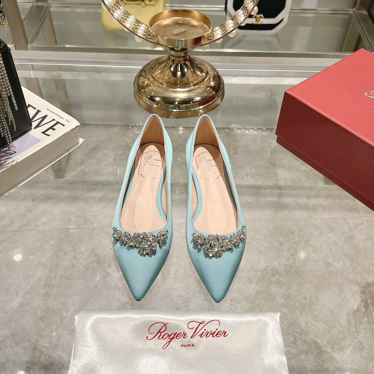 Viv 25 Crystal Diamond Buckle Flats Blue Silk Satin 235394