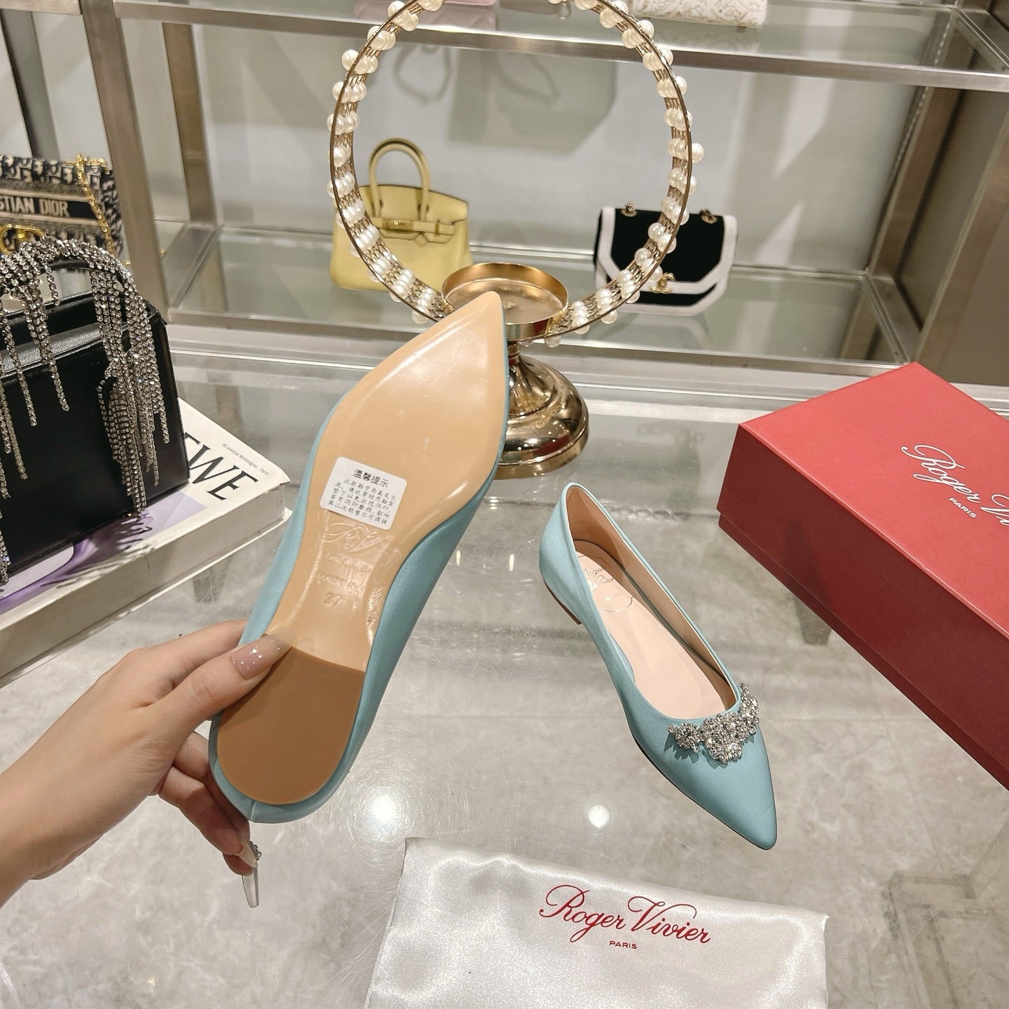 Viv 25 Crystal Diamond Buckle Flats Blue Silk Satin 235394