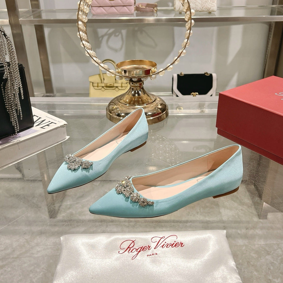 Viv 25 Crystal Diamond Buckle Flats Blue Silk Satin 235394