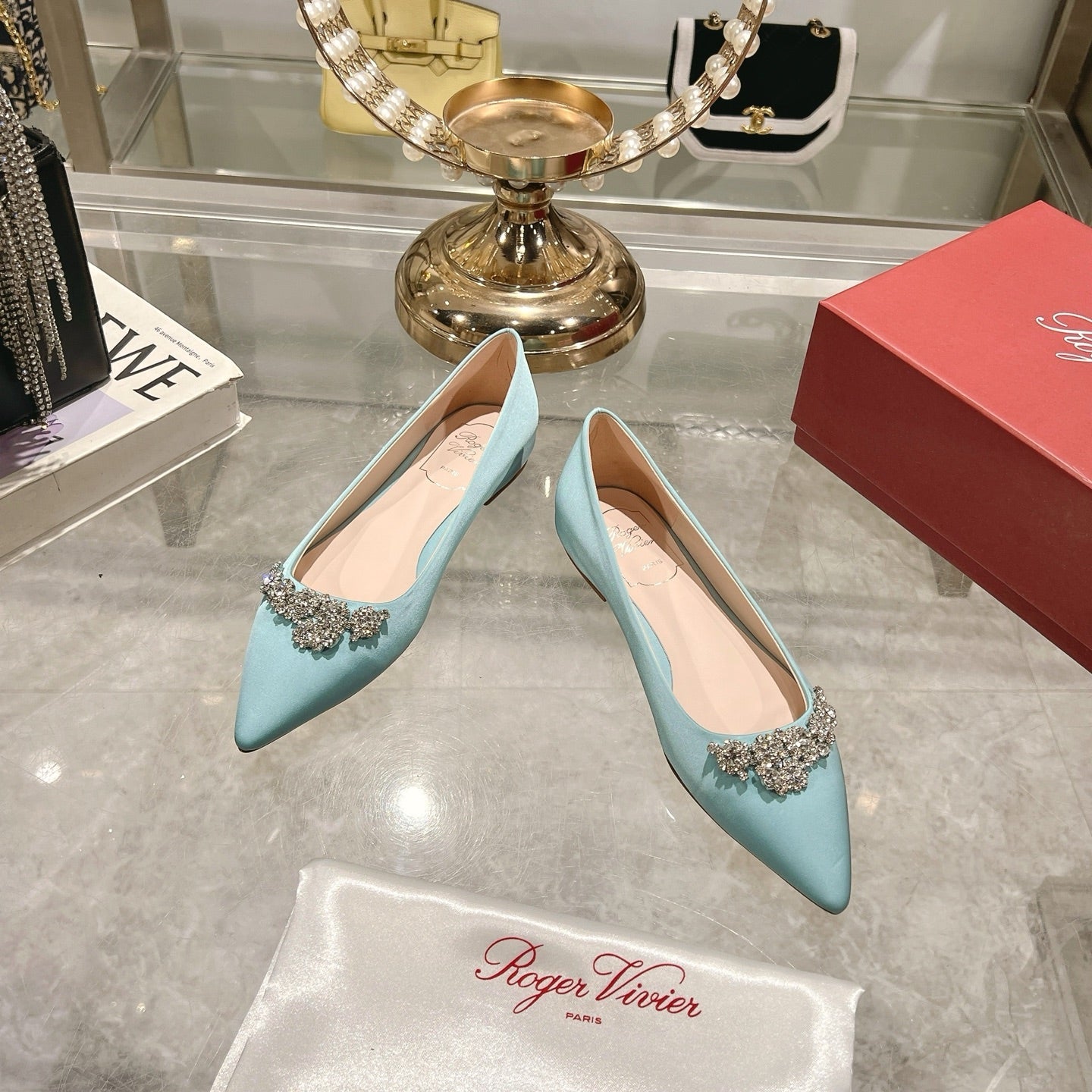 Viv 25 Crystal Diamond Buckle Flats Blue Silk Satin 235394