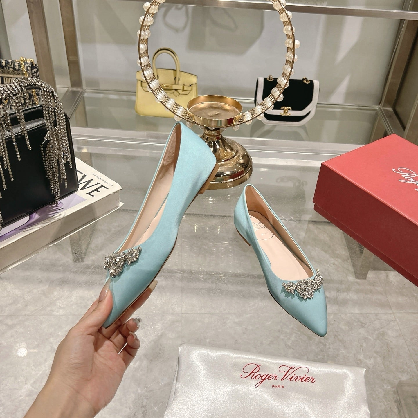 Viv 25 Crystal Diamond Buckle Flats Blue Silk Satin 235394