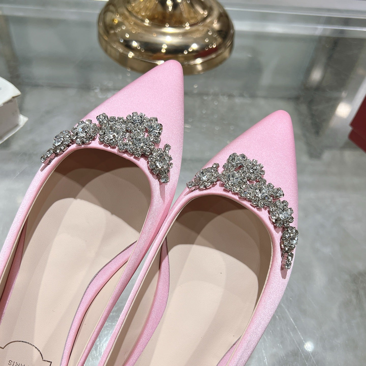 Viv 25 Crystal Diamond Buckle Flats Pink Silk Satin 235395