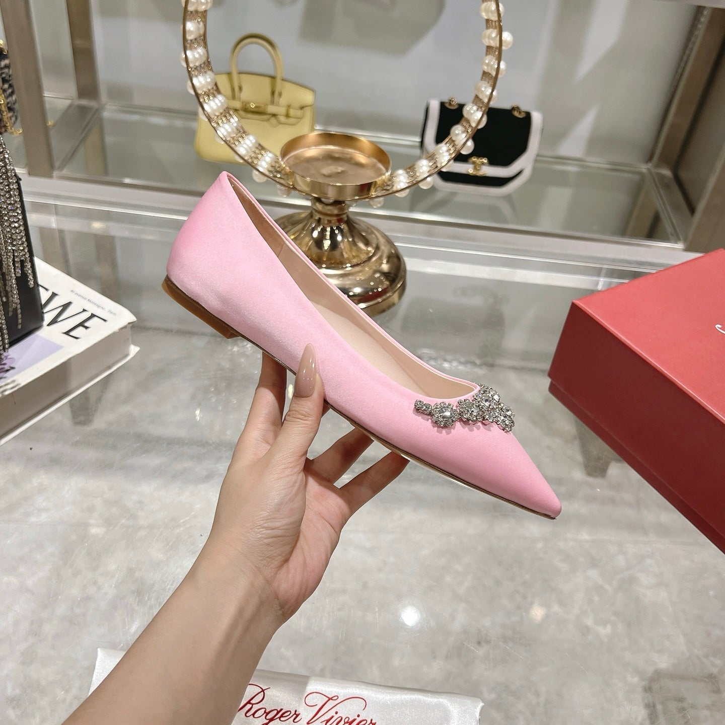 Viv 25 Crystal Diamond Buckle Flats Pink Silk Satin 235395