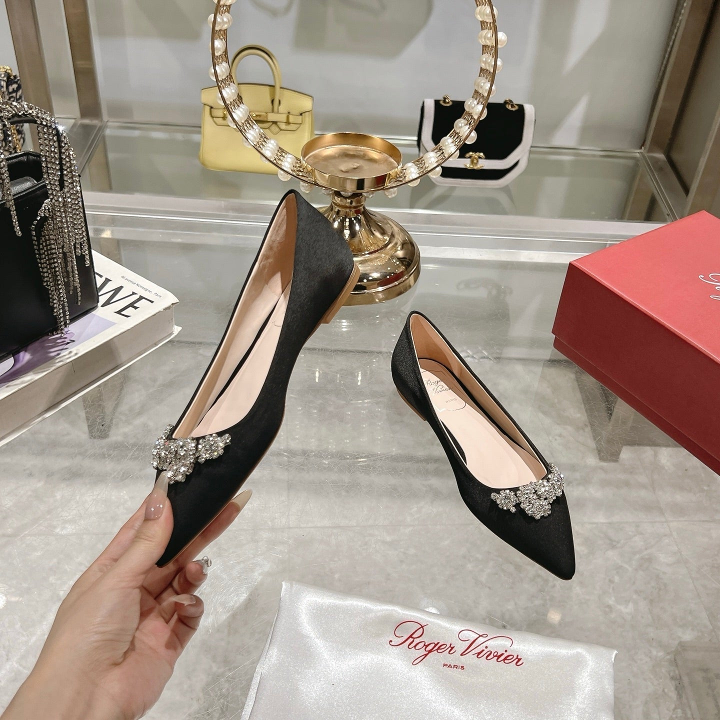 Viv 25 Crystal Diamond Buckle Flats Black Silk Satin 235396
