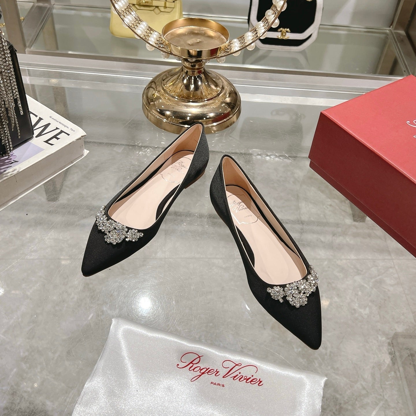 Viv 25 Crystal Diamond Buckle Flats Black Silk Satin 235396