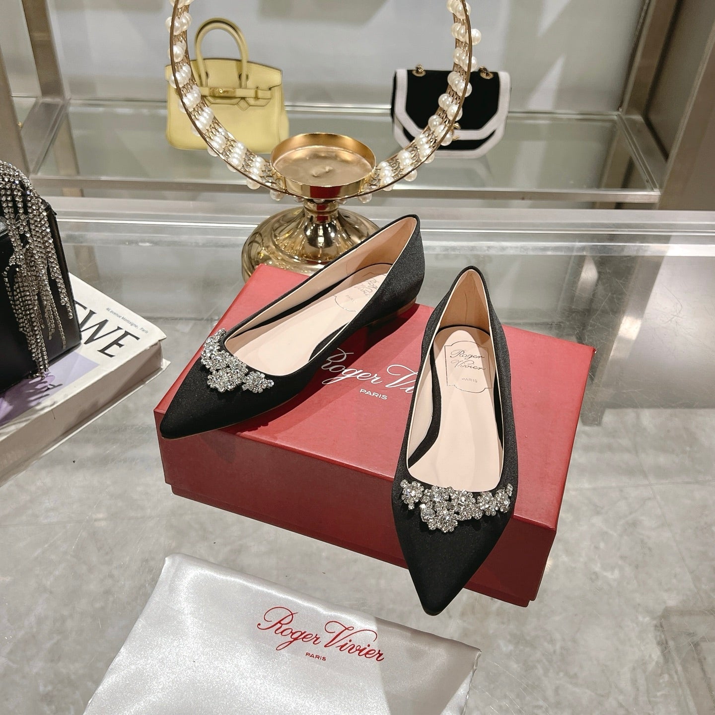 Viv 25 Crystal Diamond Buckle Flats Black Silk Satin 235396