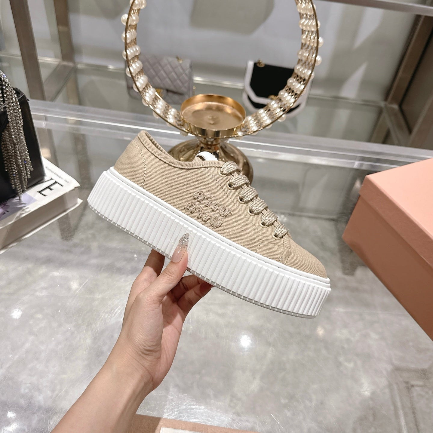 Miu Sneaker with logo Colonial Beige Demin Fabric 235314