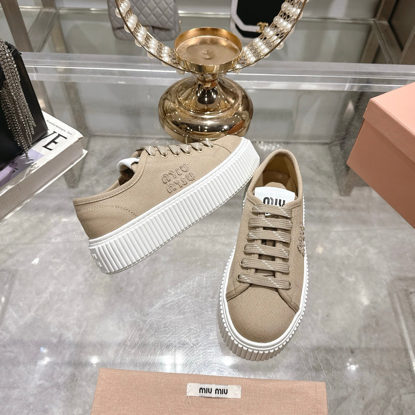 Miu Sneaker with logo Colonial Beige Demin Fabric 235314