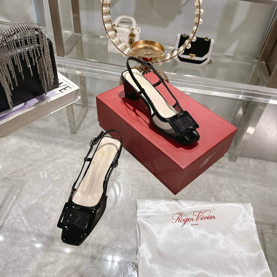 Viv 25 Slingback Black Mesh Italian Leather 300780