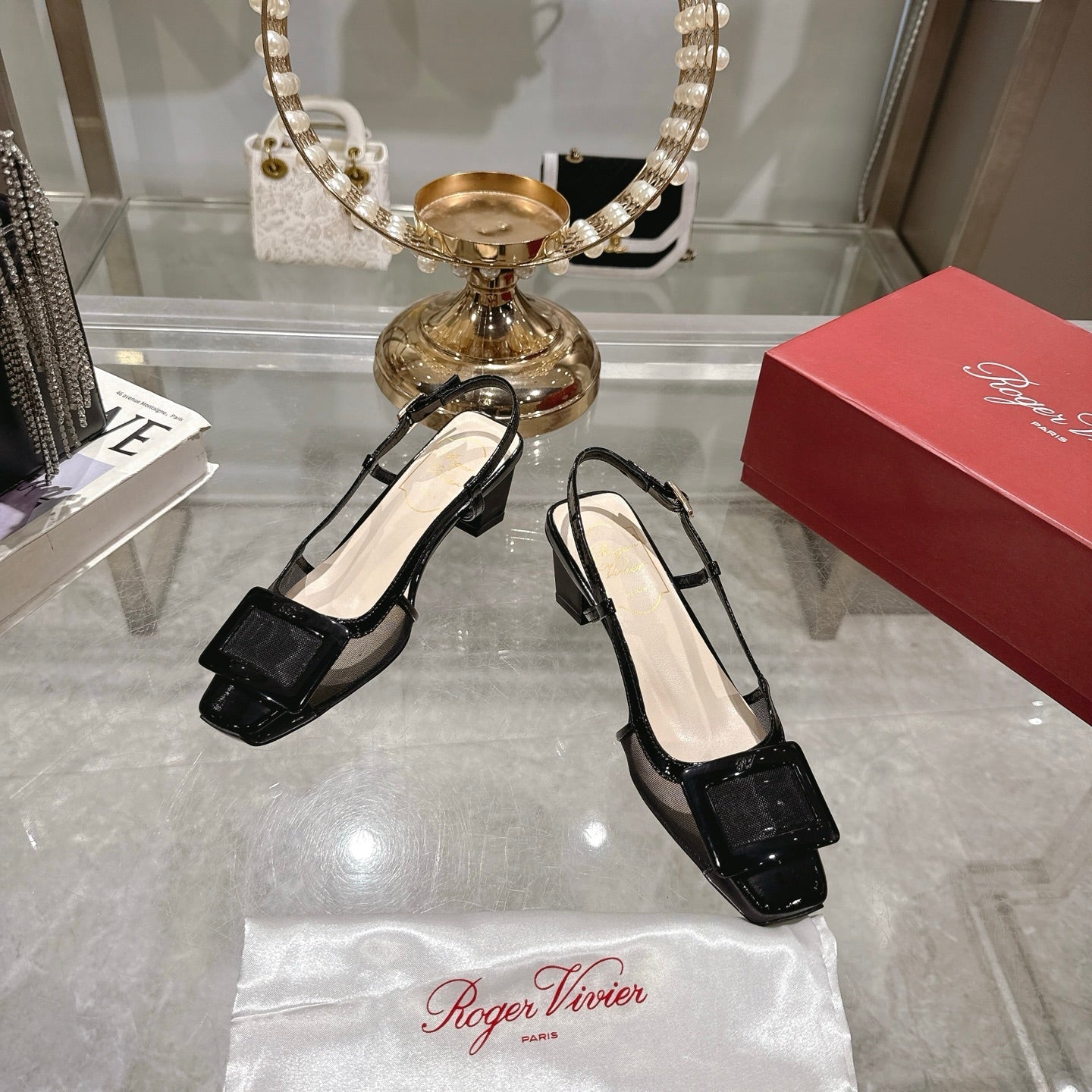 Viv 25 Slingback Black Mesh Italian Leather 300780