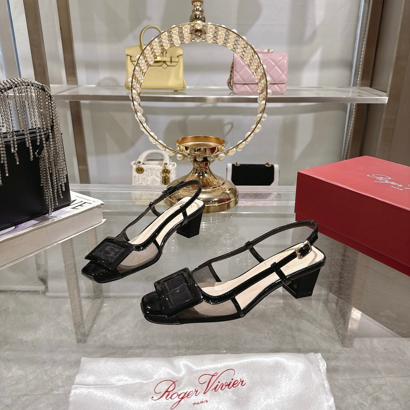 Viv 25 Slingback Black Mesh Italian Leather 300780