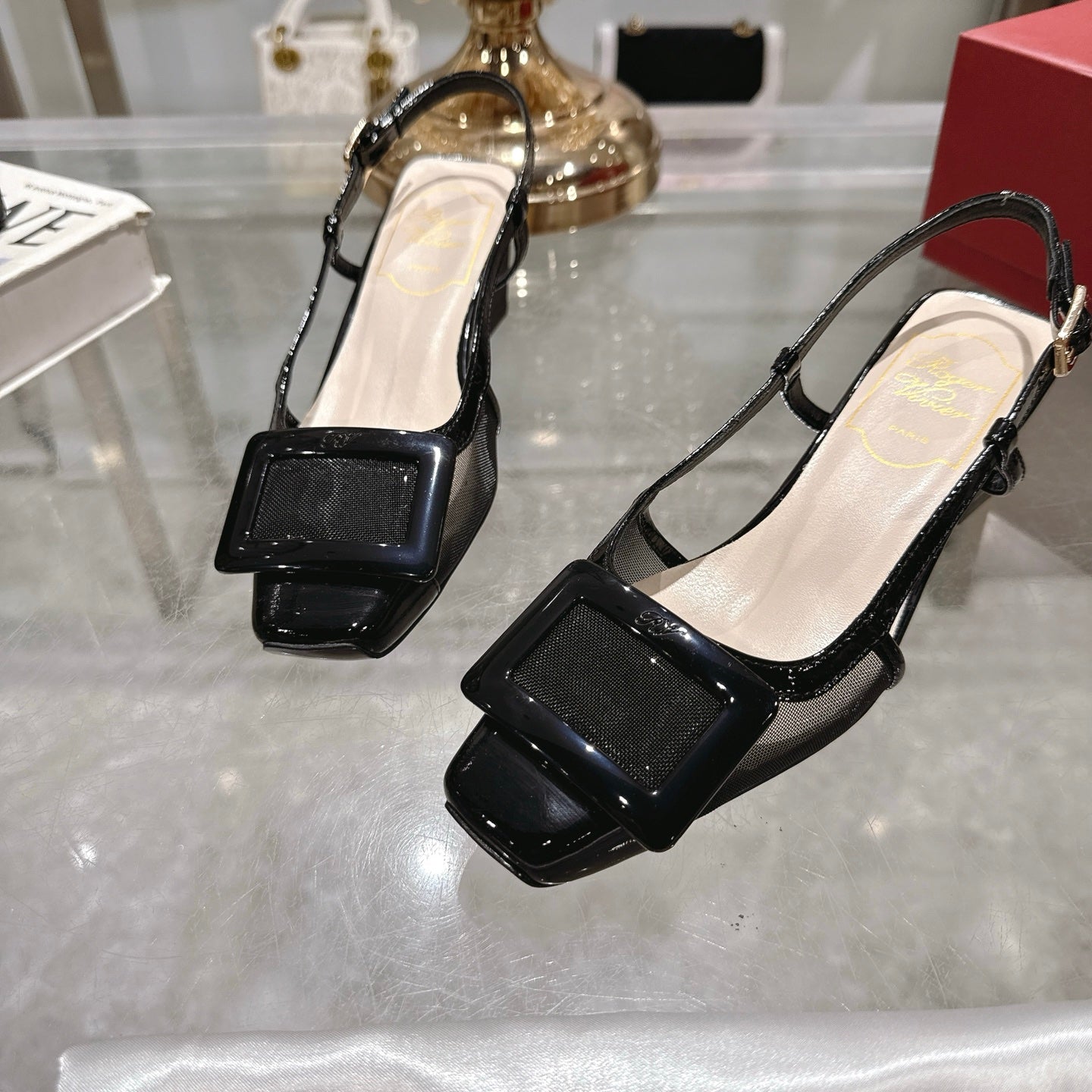 Viv 25 Slingback Black Mesh Italian Leather 300780