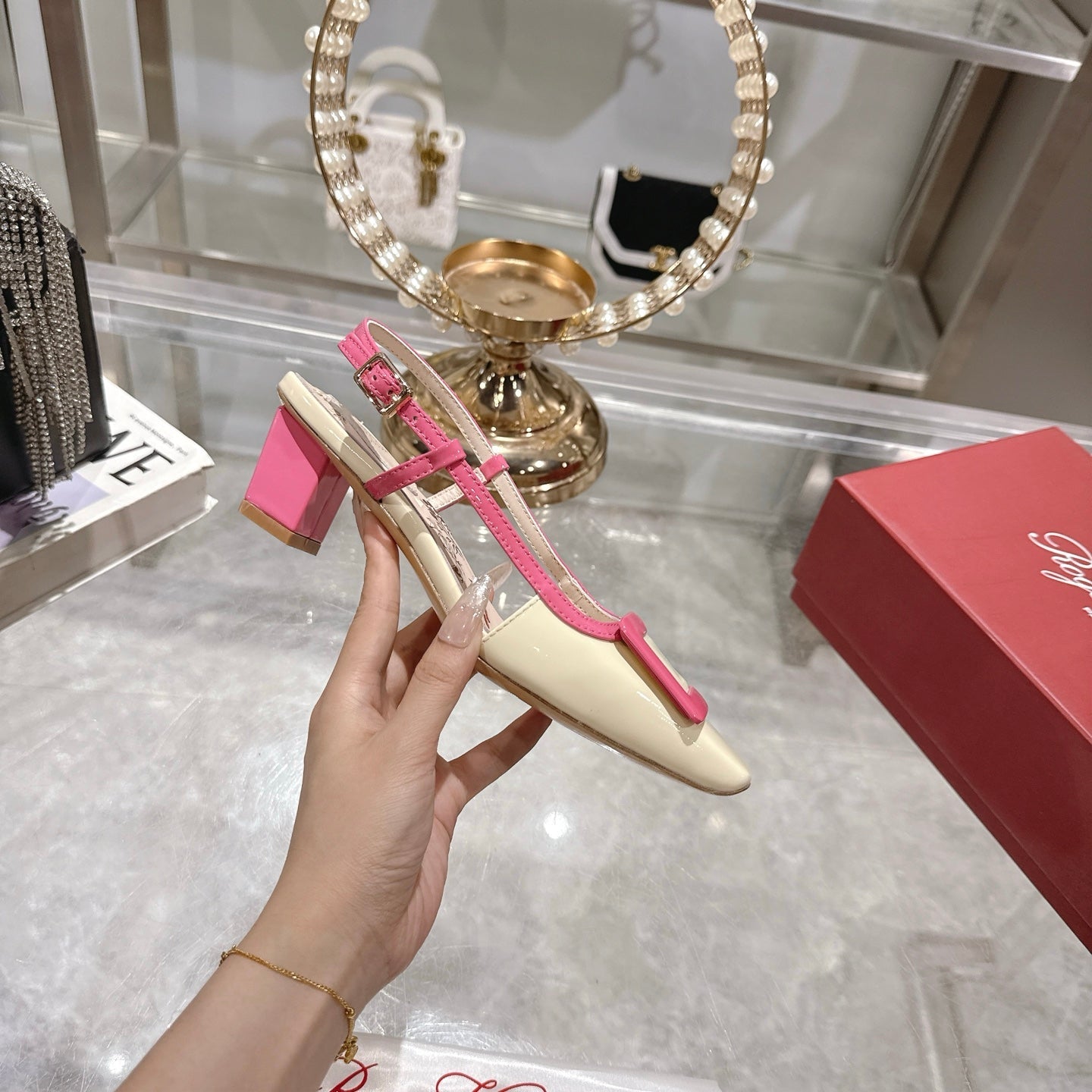 Viv 25 Flower Slingback Pink Italian Leather 300786