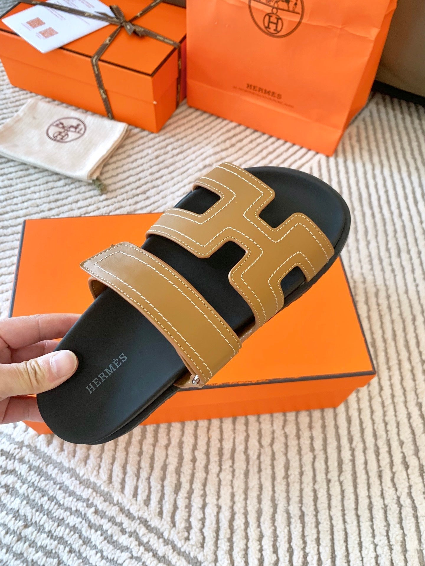 HM Chypre Sandal Lumpy Brown With White Stitching Lambskin 963495