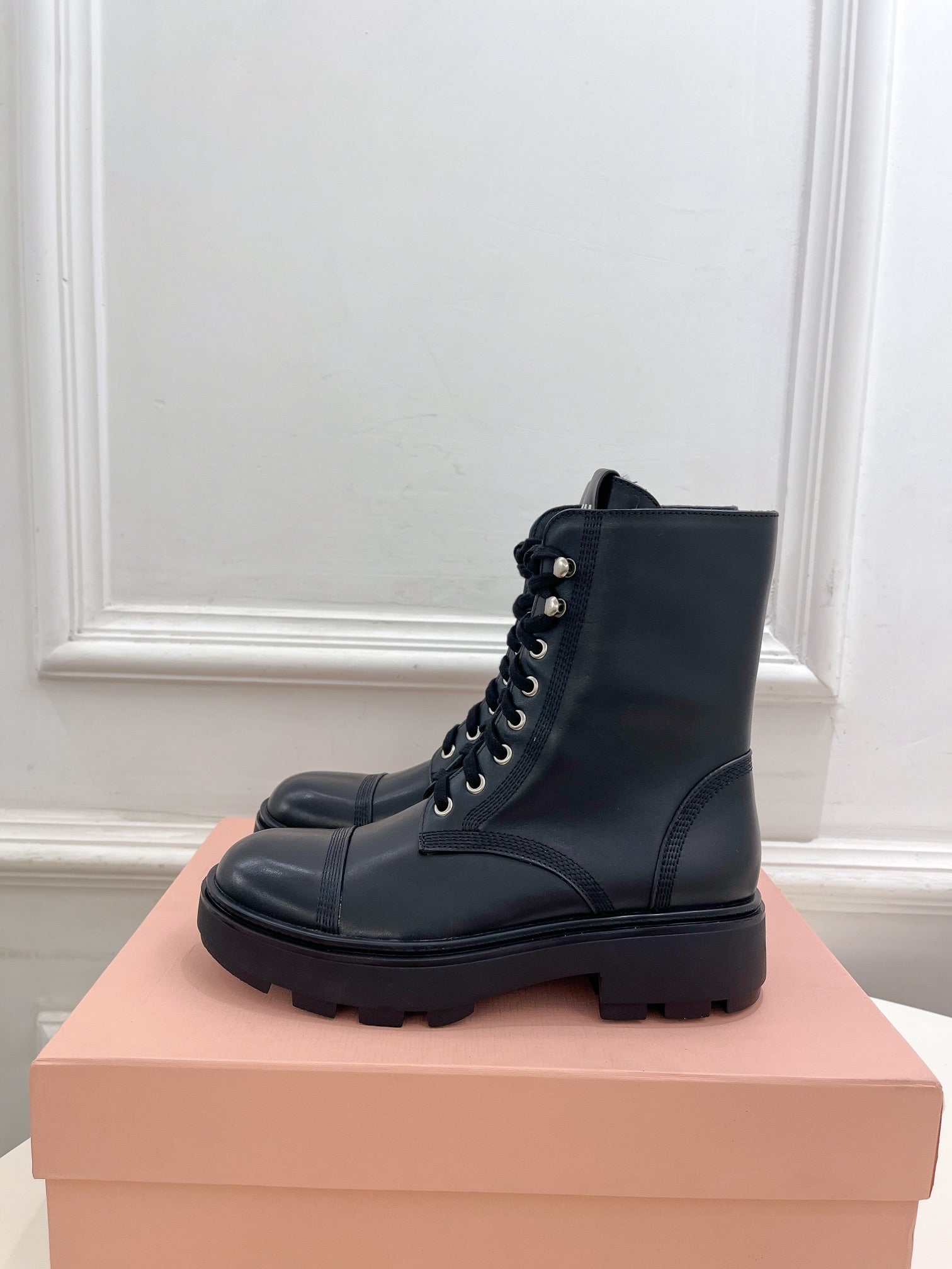 Miu Laced Booties Black Calfskin