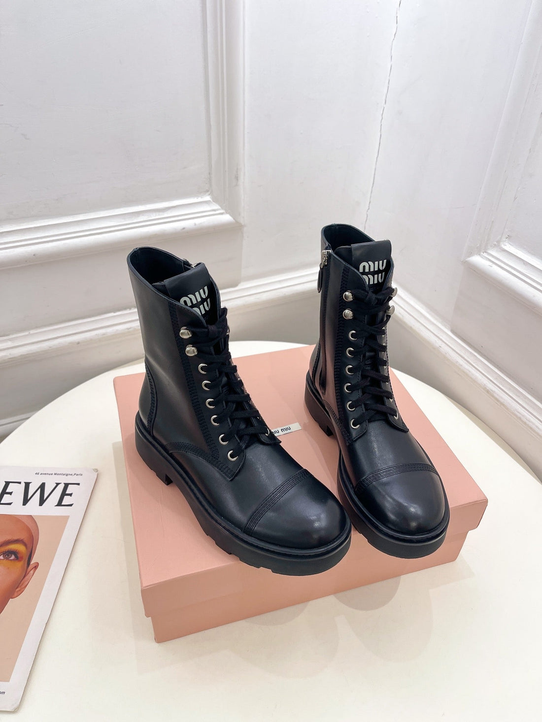 Miu Laced Booties Black Calfskin
