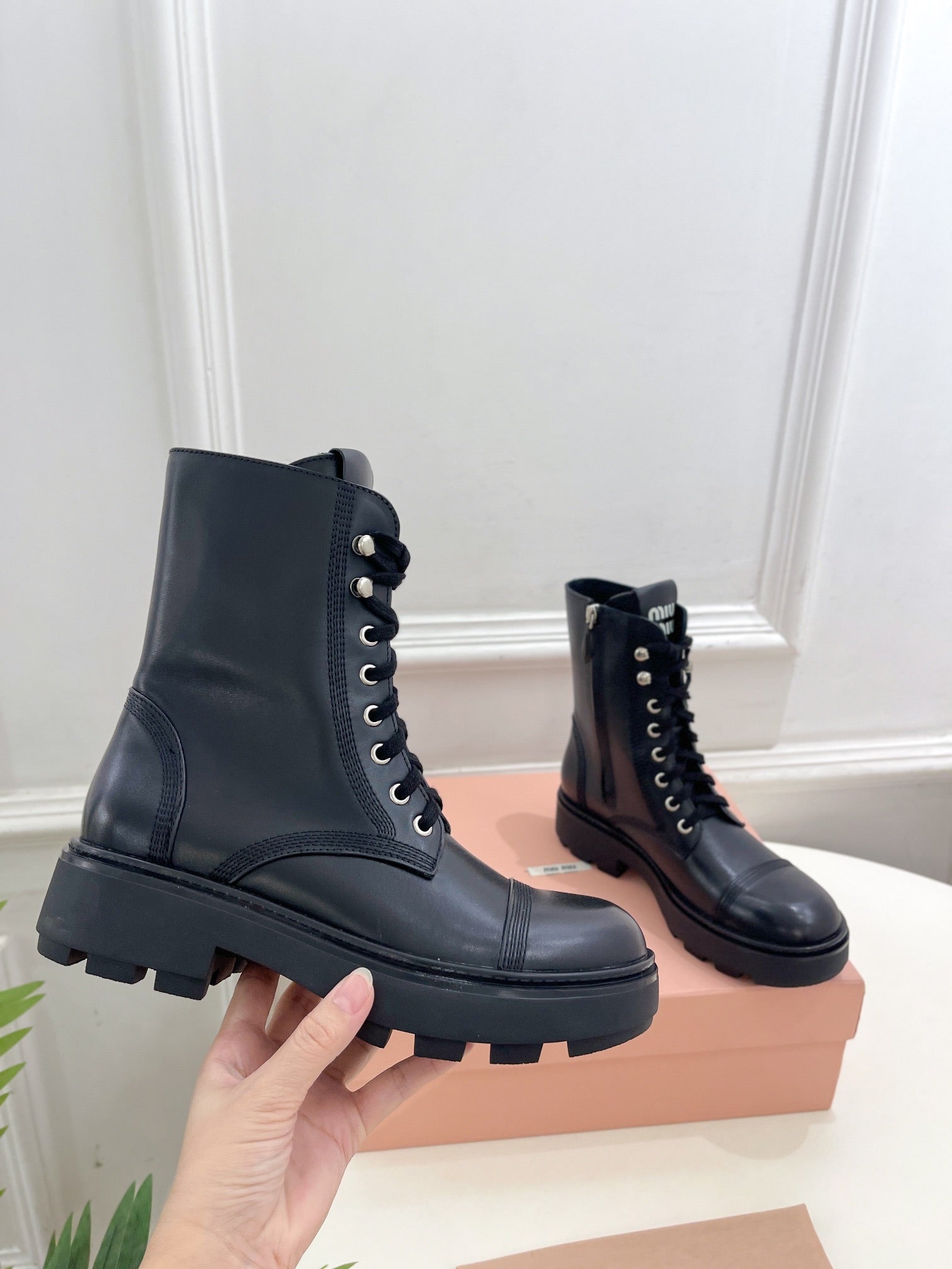 Miu Laced Booties Black Calfskin
