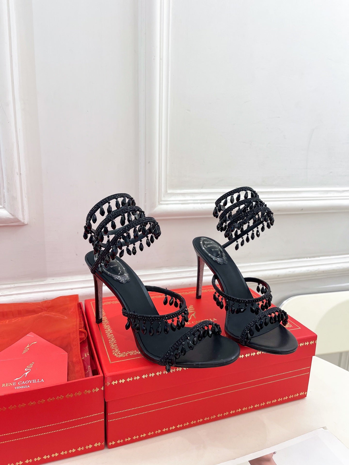 RC 25 Crystal Tassel High-Heeled Sandals Black Silk Crystal Diamond 253539