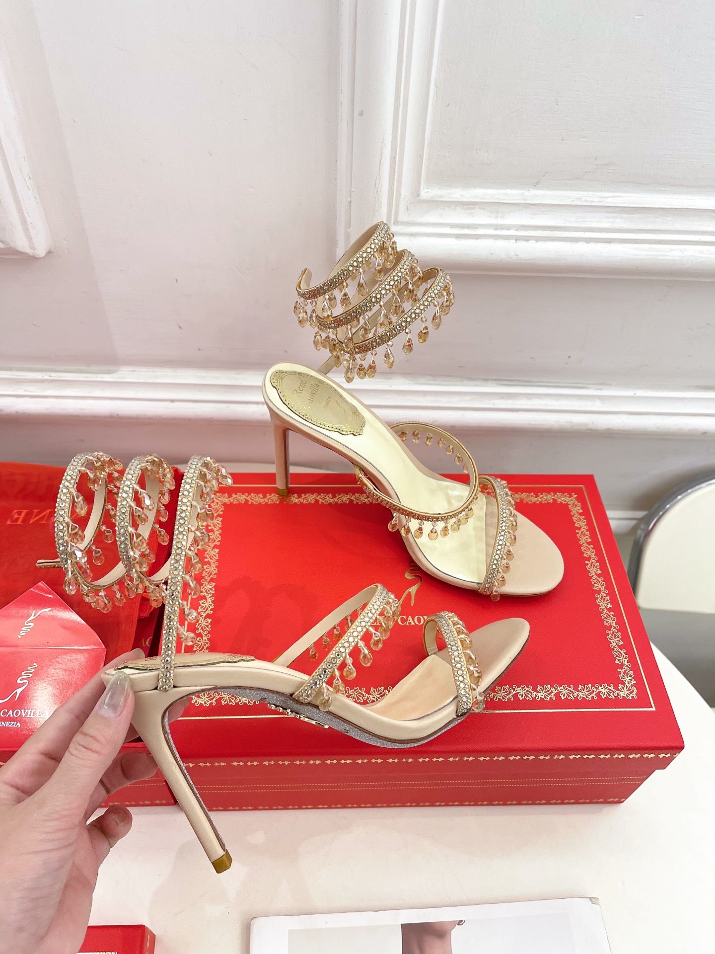 RC 25 Crystal Tassel High-Heeled Sandals Pink Nude Silk Crystal Diamond 251008