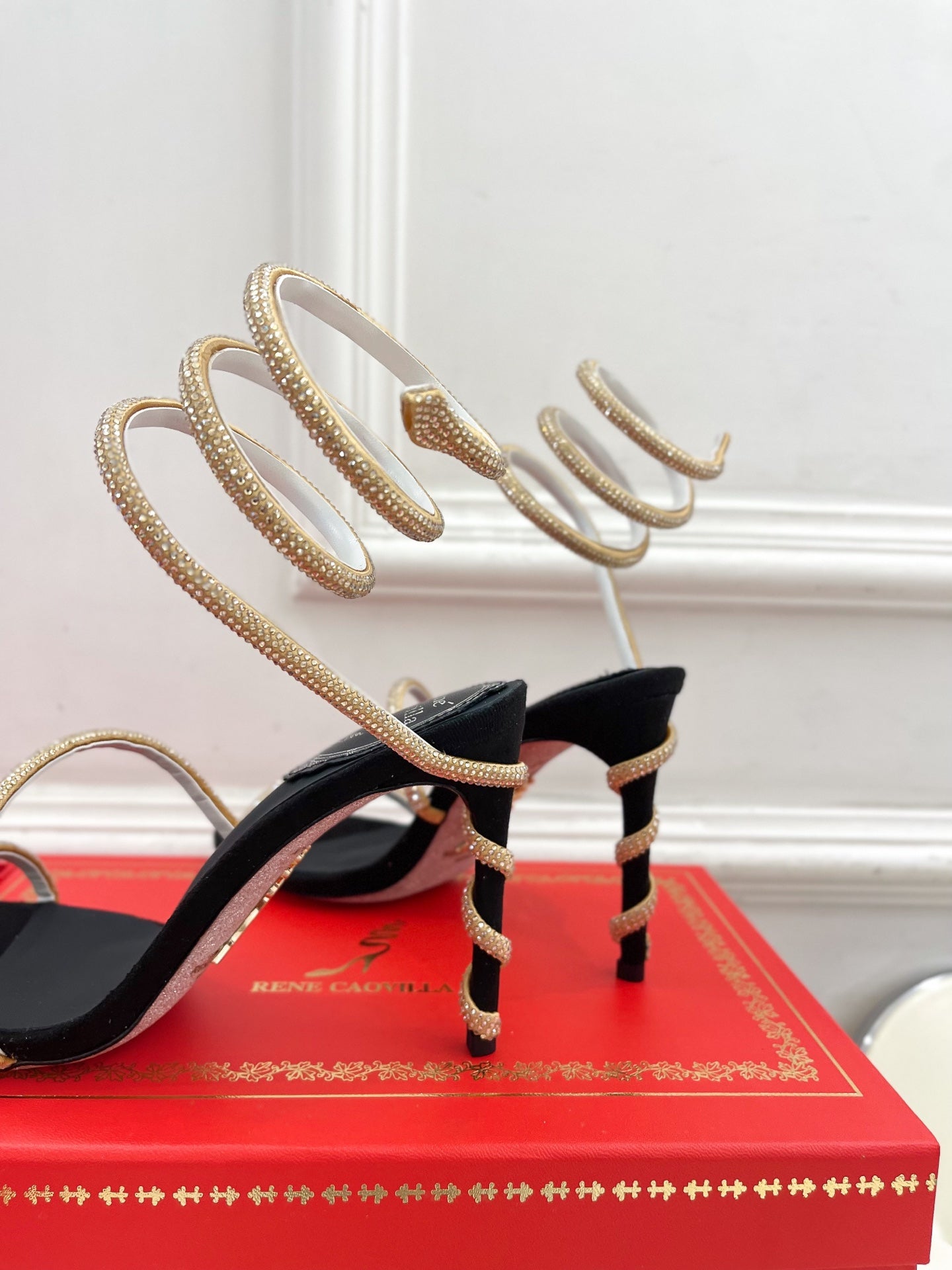 RC 25 Crystal Diamond Snake-Shaped High-Heeled Black Gold Silk Rhinestones 253544