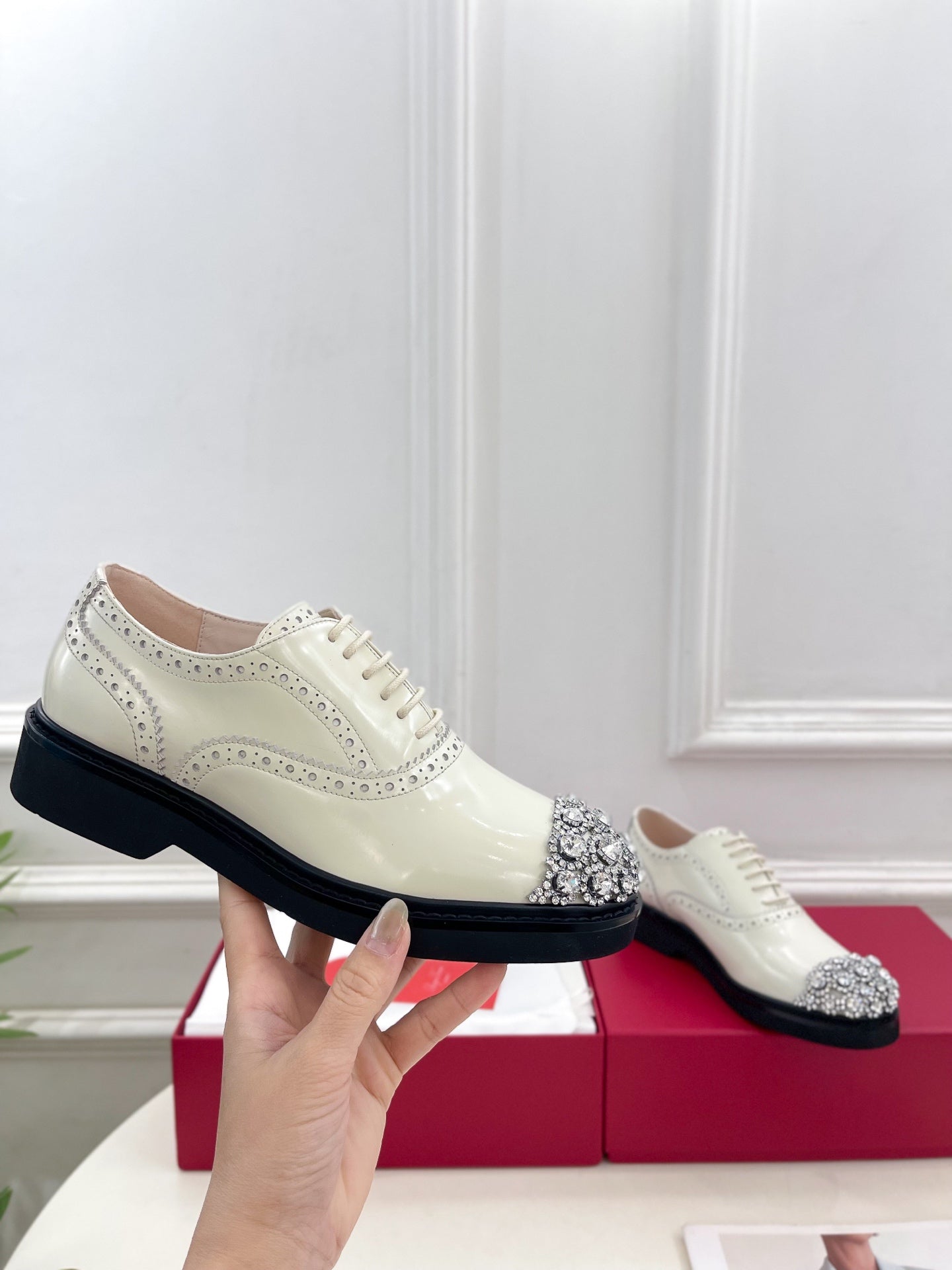 Viv 25 Baroque Rhinestone Derby Loafer Milky White Cowhide Leather 253581