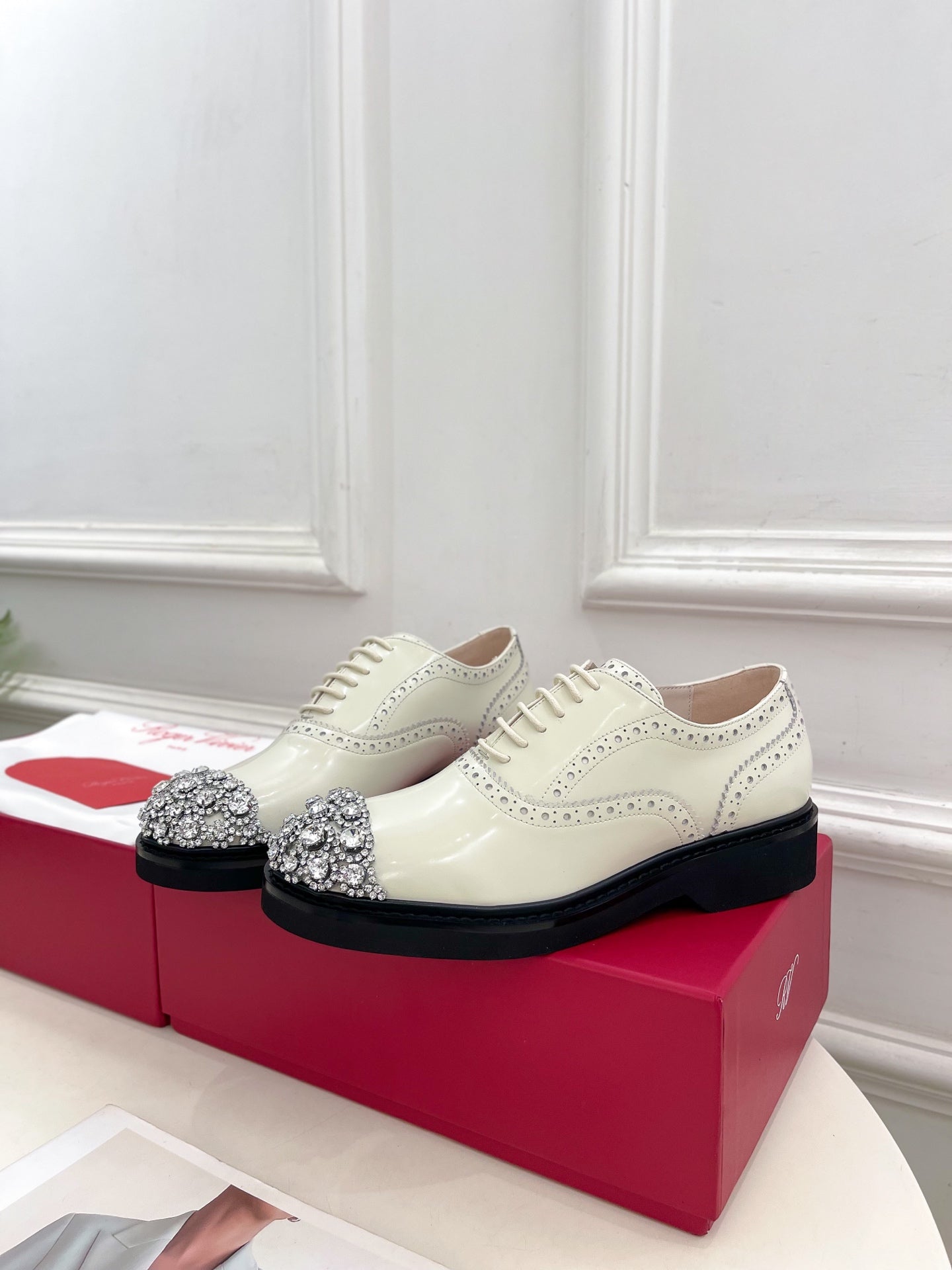Viv 25 Baroque Rhinestone Derby Loafer Milky White Cowhide Leather 253581