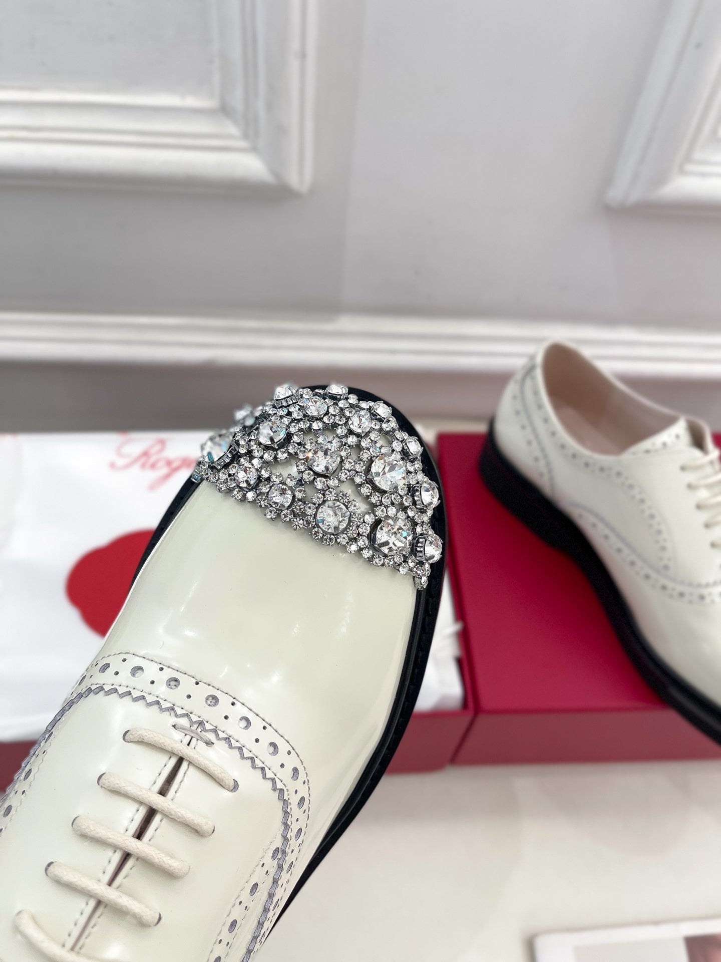 Viv 25 Baroque Rhinestone Derby Loafer Milky White Cowhide Leather 253581