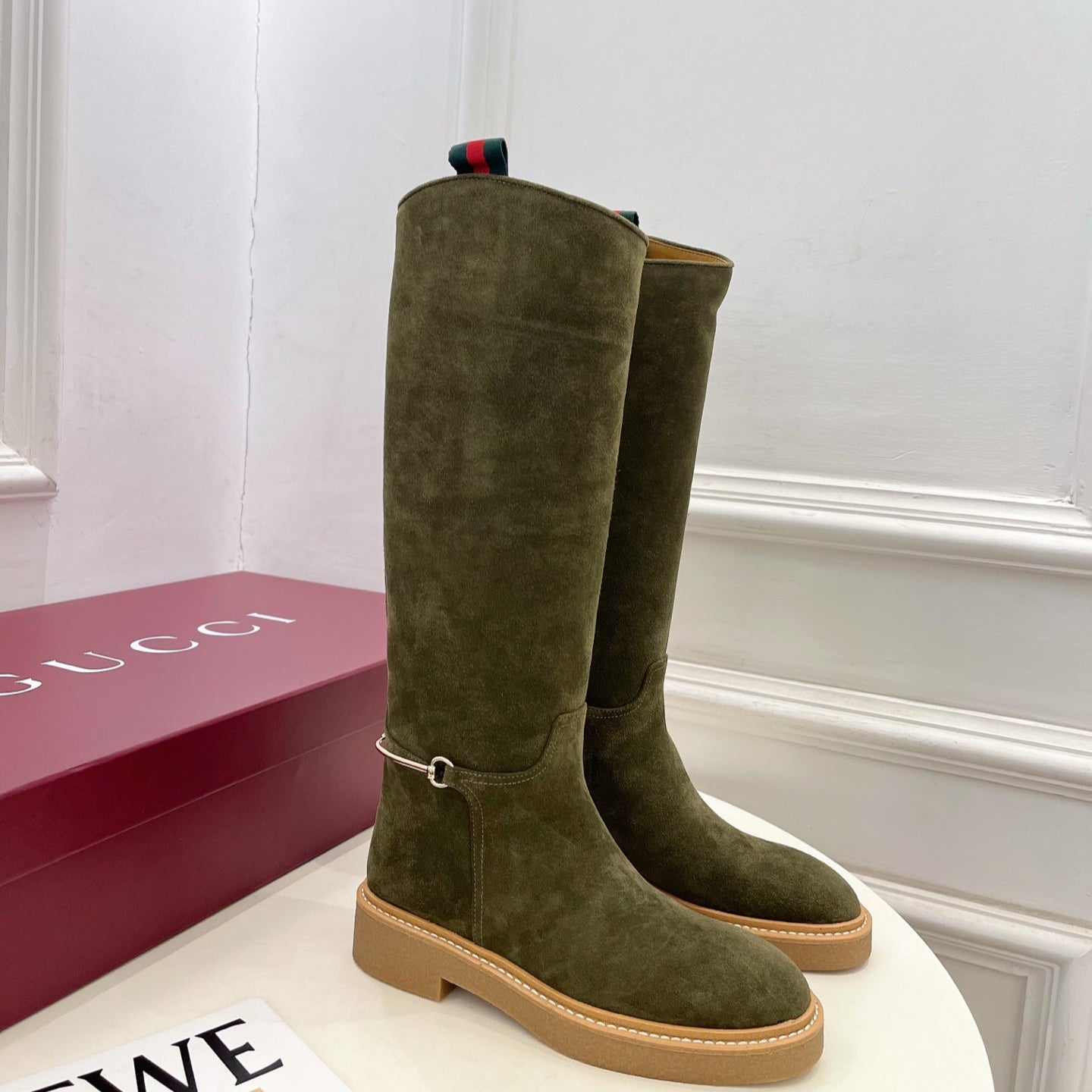 Gucci 25 high boots olive green suede 435371