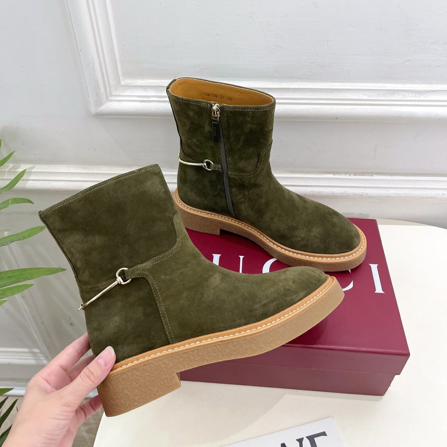 Gucci 25 horsebit ankle boots olive green suede 435378