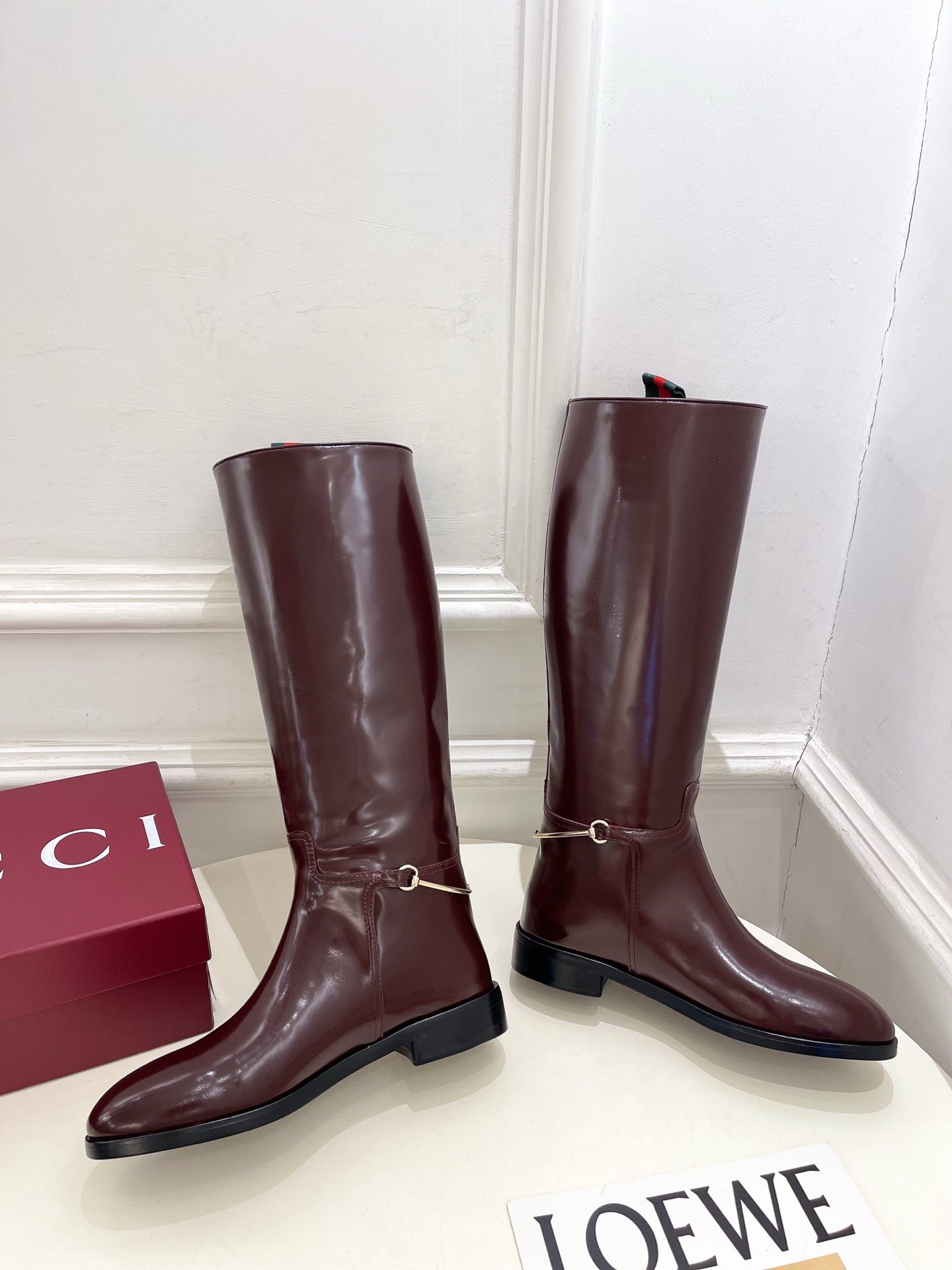 Gucci 25𝐬𝐬 horsebit long boots burgundy calfskin 435382