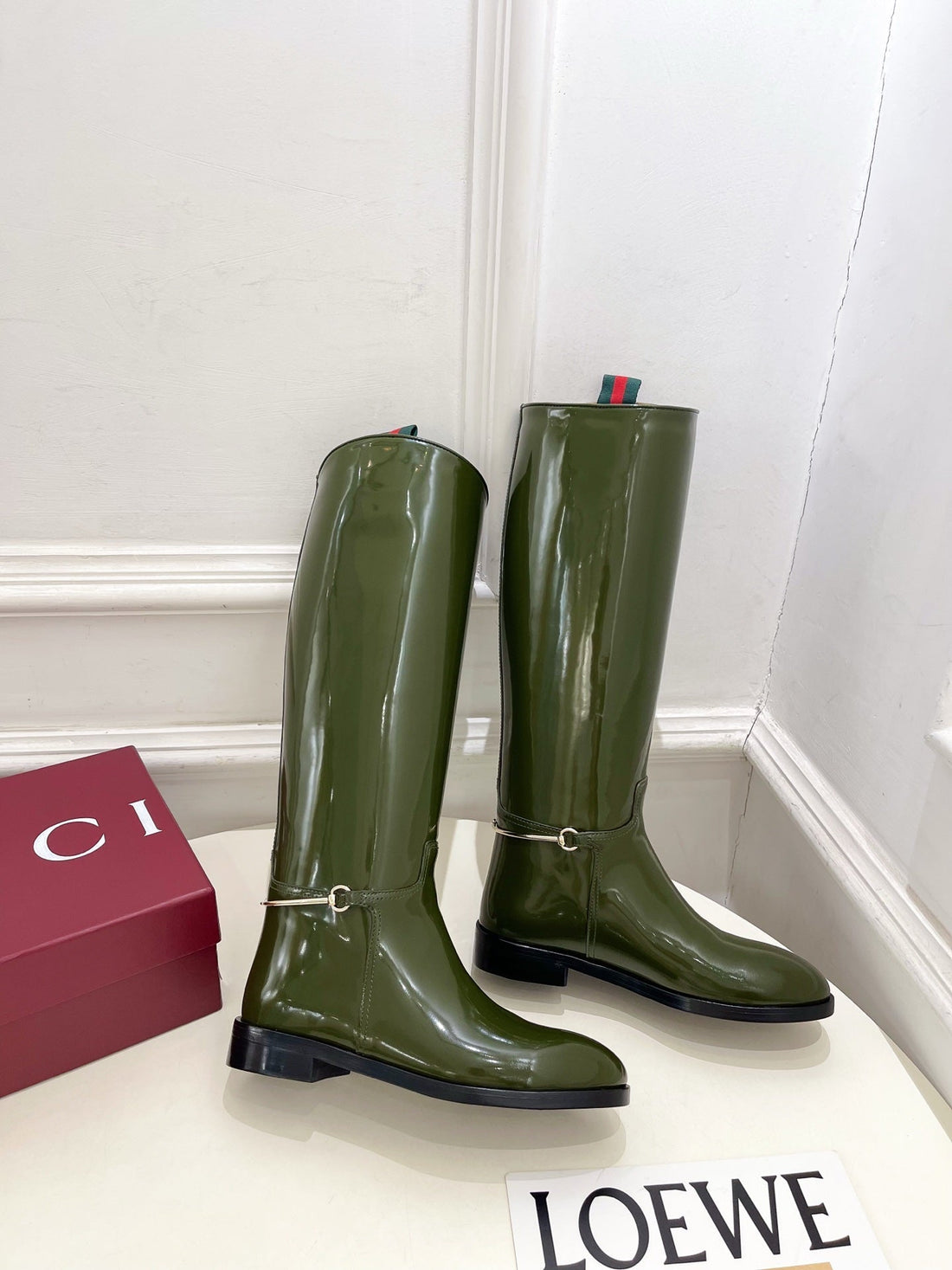 Gucci 25 horsebit long boots dark olive green patent calfskin 435383