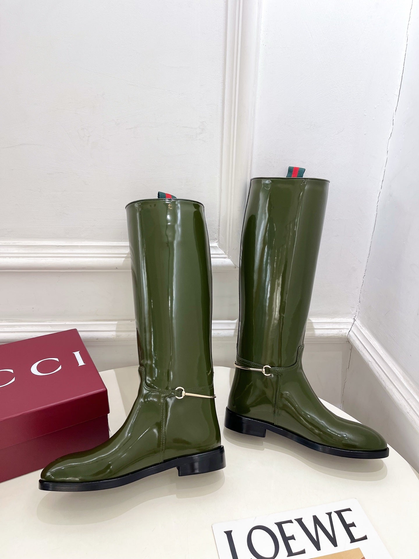 Gucci 25 horsebit long boots dark olive green patent calfskin 435383