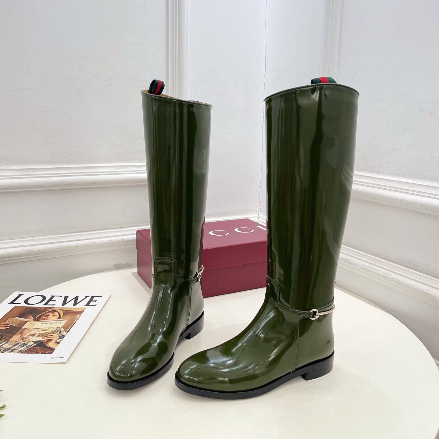 Gucci 25 horsebit long boots dark olive green patent calfskin 435383