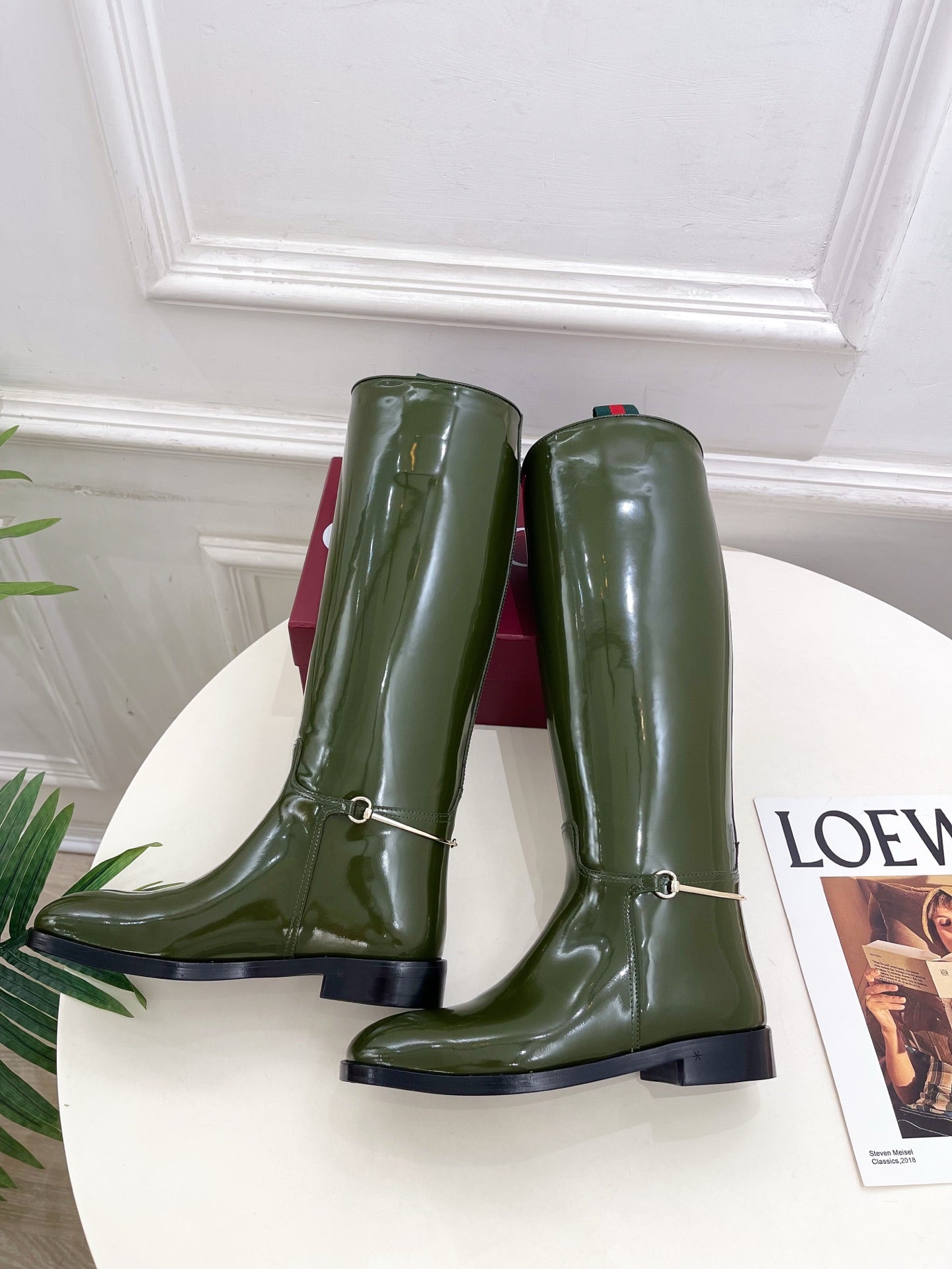 Gucci 25 horsebit long boots dark olive green patent calfskin 435383
