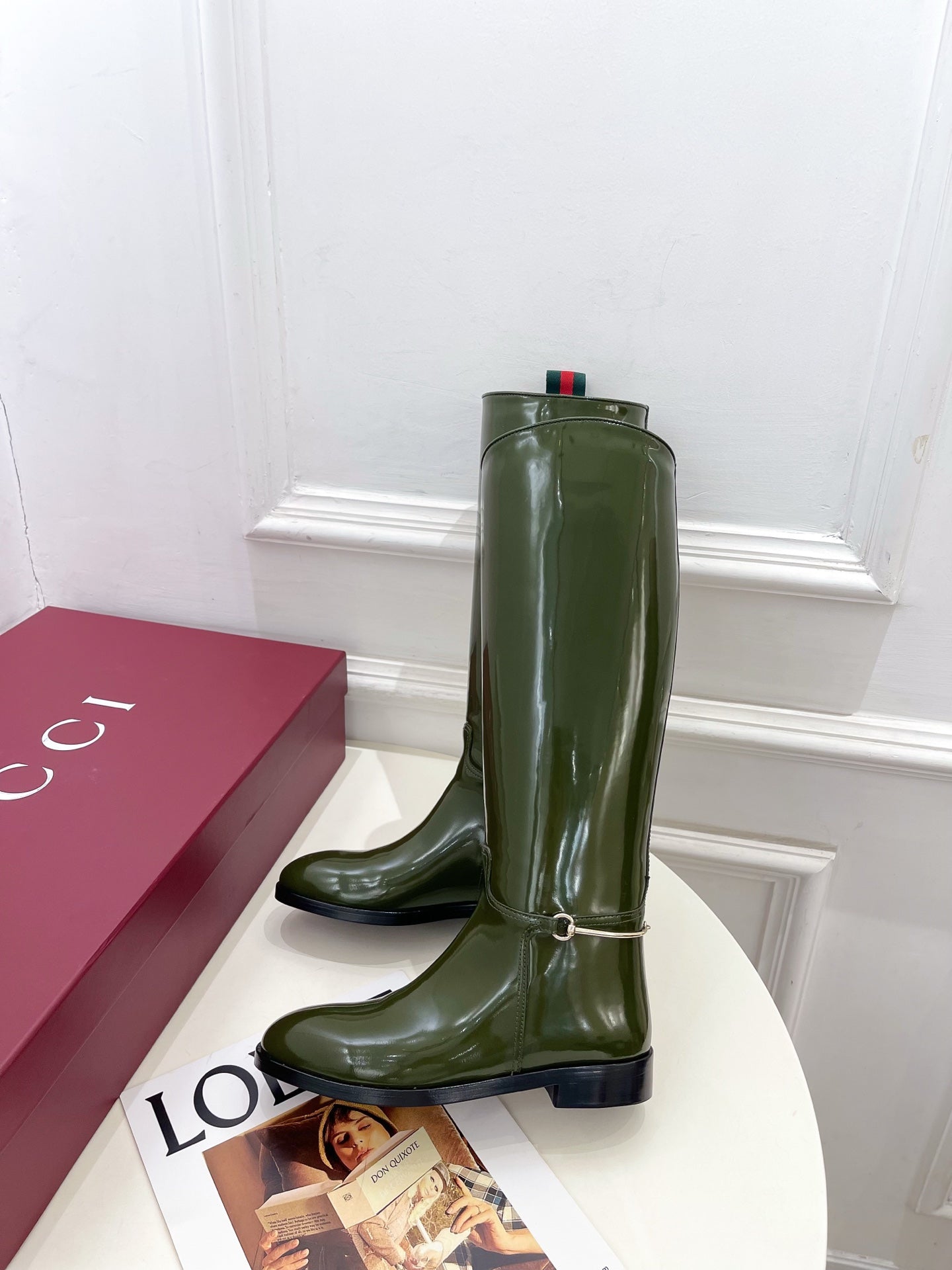 Gucci 25 horsebit long boots dark olive green patent calfskin 435383