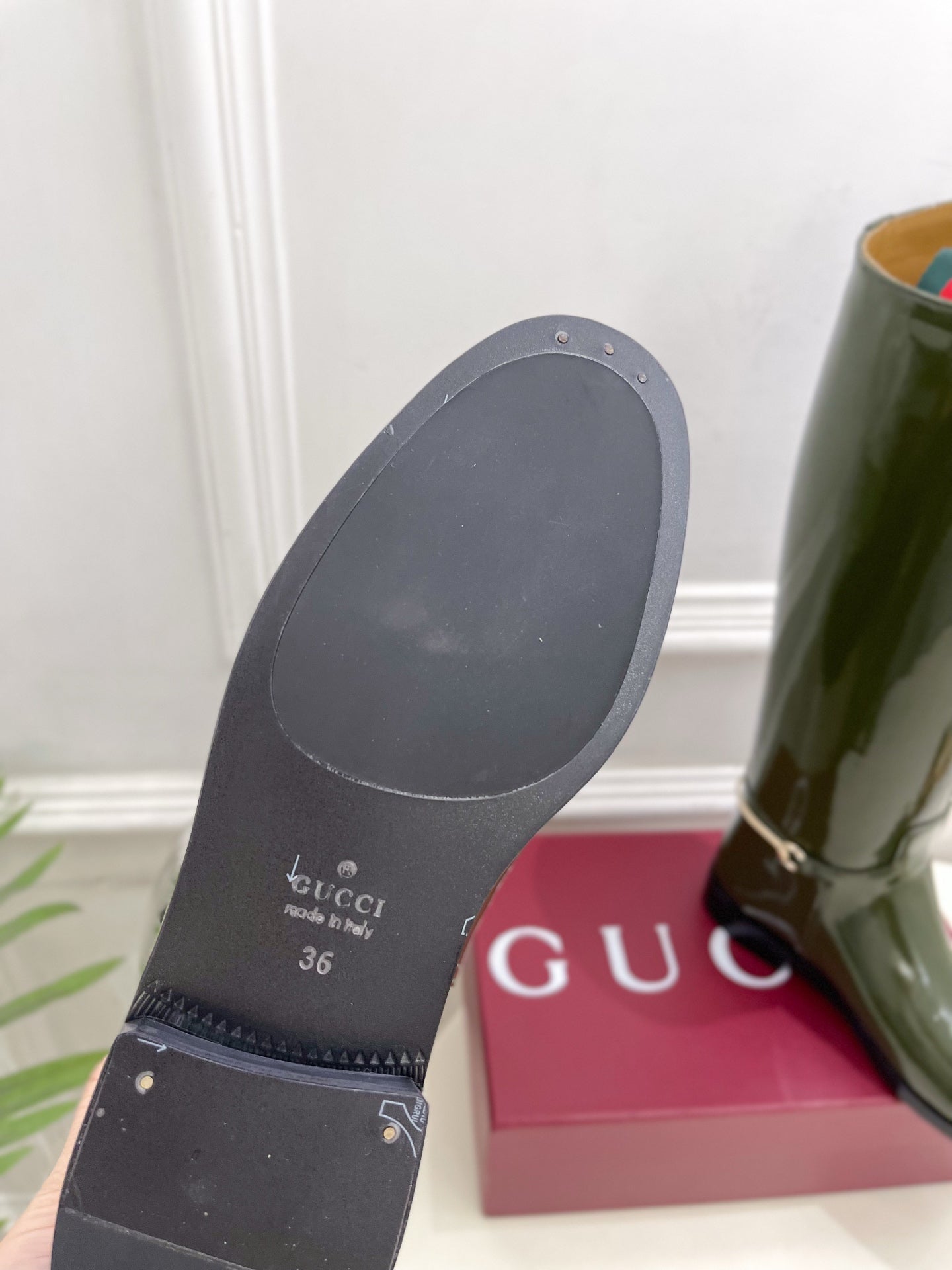 Gucci 25 horsebit long boots dark olive green patent calfskin 435383