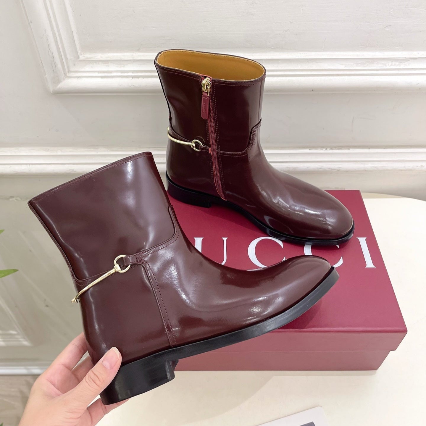 Gucci 25 horsebit  ankle boots burgundy patent calfskin 435385