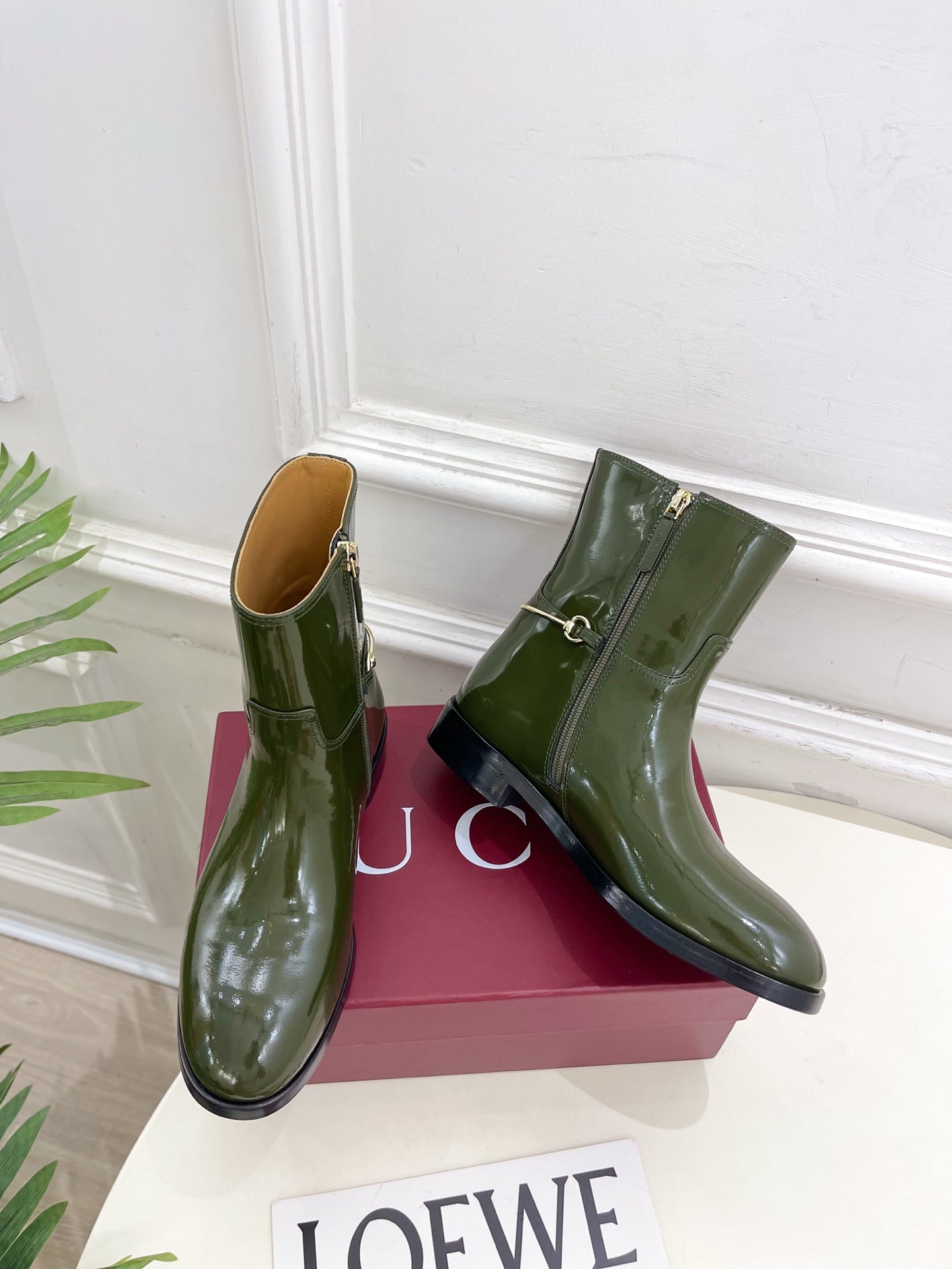 Gucci 25 horsebit  ankle boots dark olive green patent calfskin