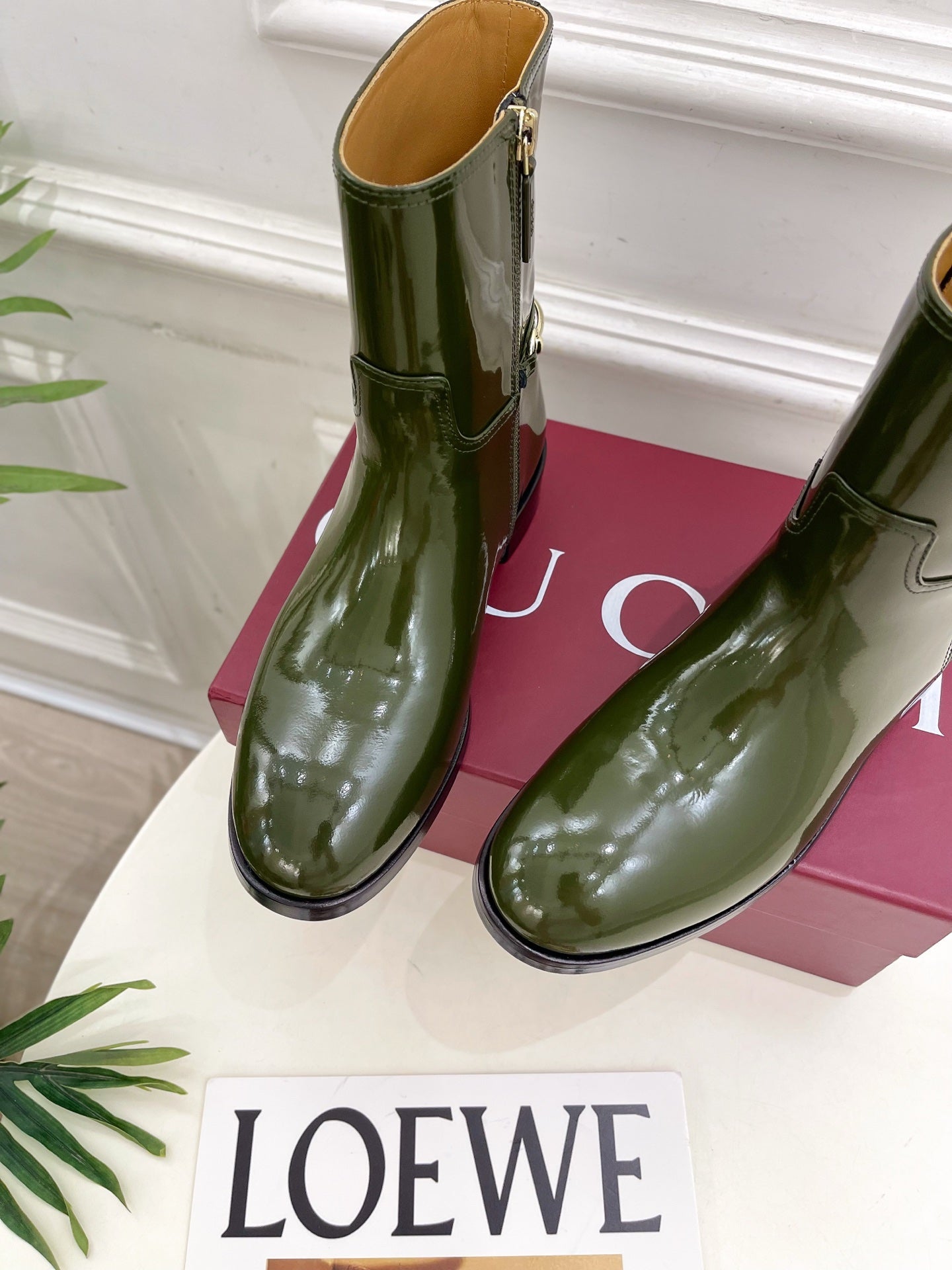 Gucci 25 horsebit  ankle boots dark olive green patent calfskin